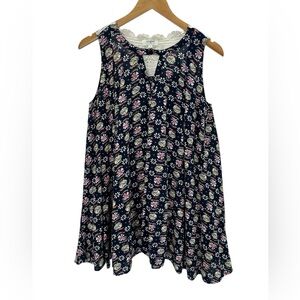 Umgee Navy Floral Sleeveless Tunic Dress with Lace Trim Cottage Sundress